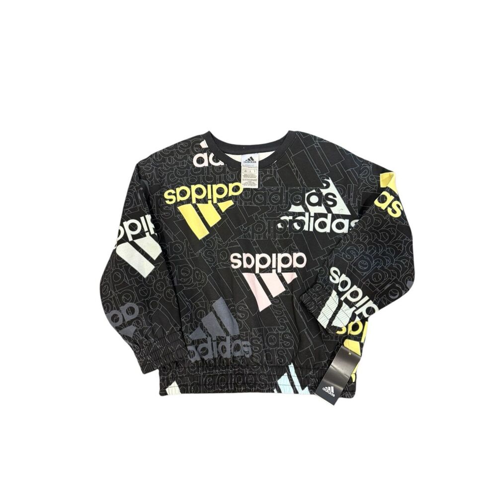 NWT adidas Girls' Size M (10/12) Black Multicolor Long Sleeve Crew Pullover Swea